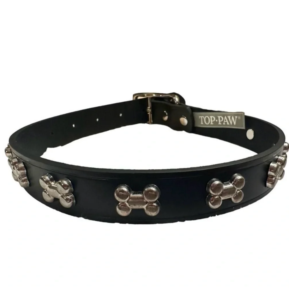 Top Paw Bone Studded Black Leather Dog Collar Sz Large 17-21”